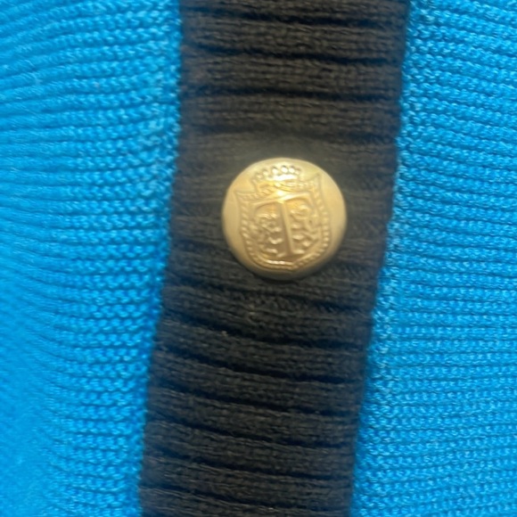 Talbots - blue with black trim v neck cardigan - logo silver buttons - size LP - Picture 3 of 6